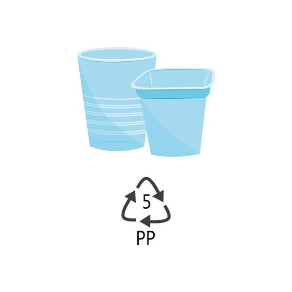 PP 5 kunststof type - blauwe hittebestendig polypropyleen cups met recycle driehoek pijl teken. — Stockvector