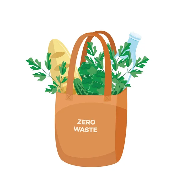 Vektor illustration av tyg shopping väska full av produkter för återanvändning och noll avfall koncept. — Stock vektor