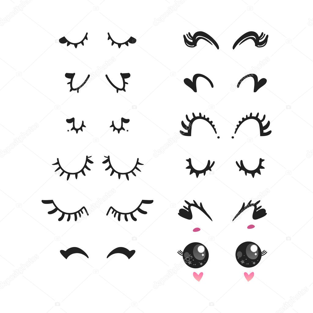 Eyelashes vector illustration set - different pretty cute cartoon false girly or unicorn lashes.