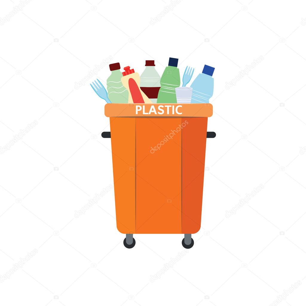 Vector illustration of recycle trash bin for plastic type of garbage.