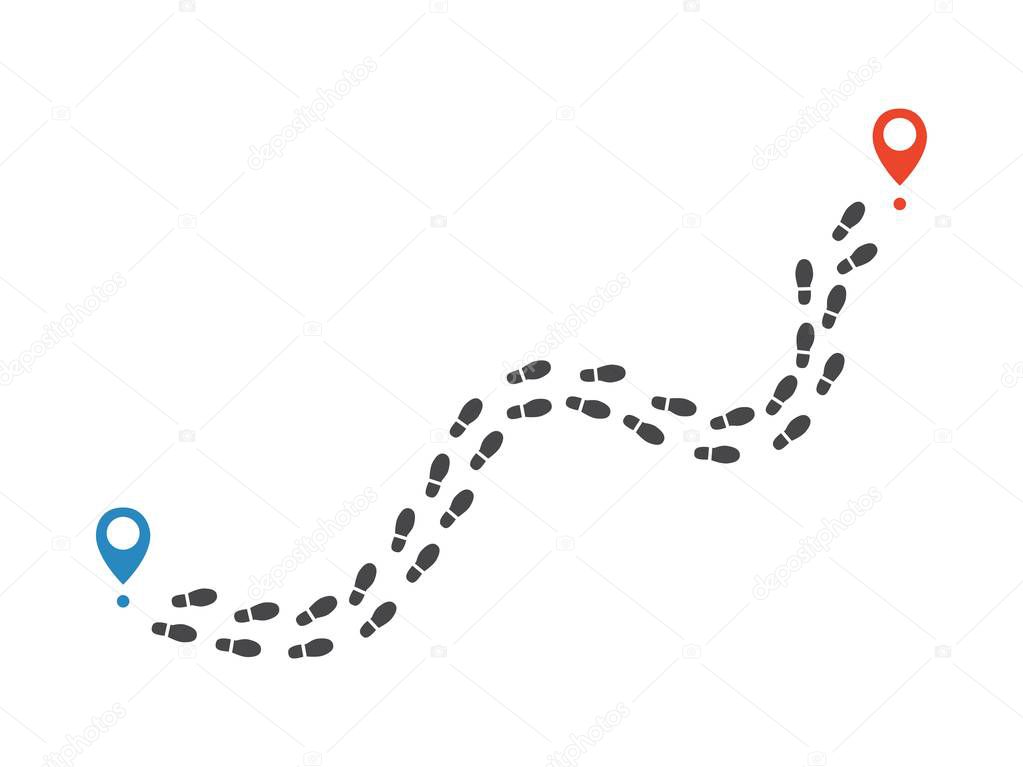 Route of human shoe track monochrome silhouette vector illustration.