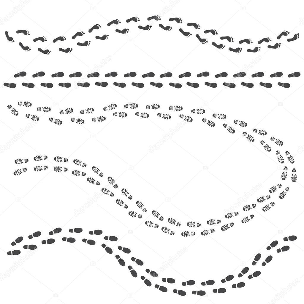 Vector illustration set of different black human footprint routes.