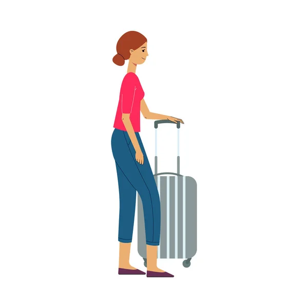 Vector mulher plana turista com mala de viagem saco — Vetor de Stock