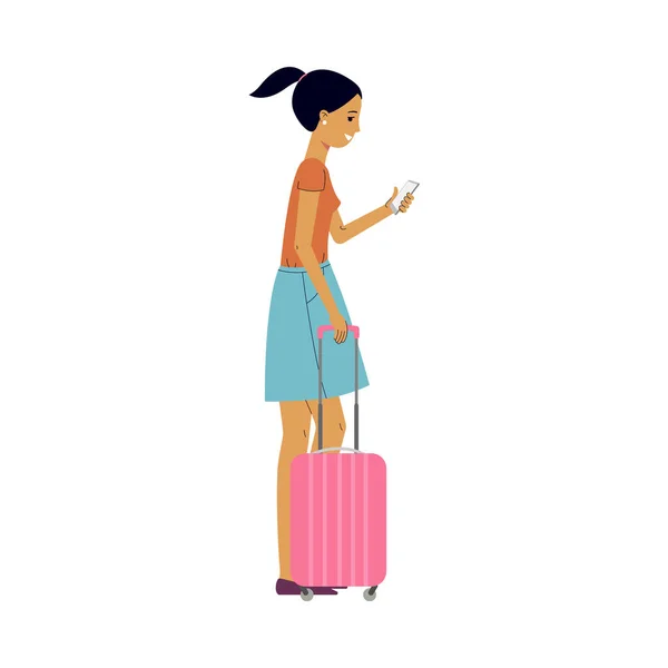 Vector flat woman tourist with travel bag suitcase — Stock Vector