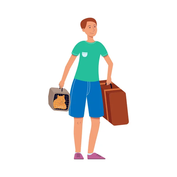 Vecteur homme plat touriste avec valise sac de voyage — Image vectorielle