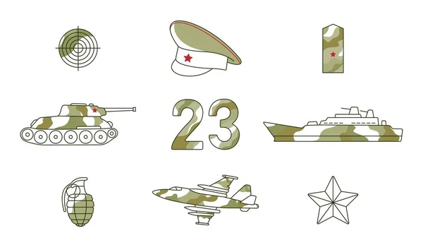 Ejército plano vectorial, conjunto militar defensor de la patria — Archivo Imágenes Vectoriales
