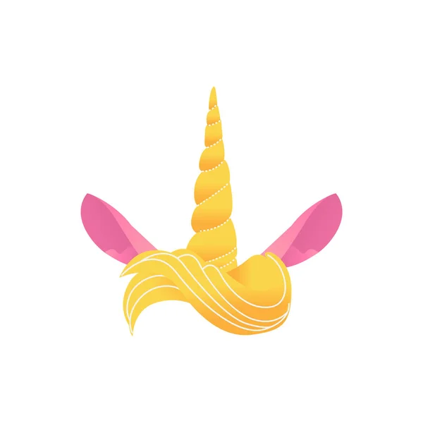 Unicorn yellow horn with hair and pink ears vector illustration. — Stock Vector