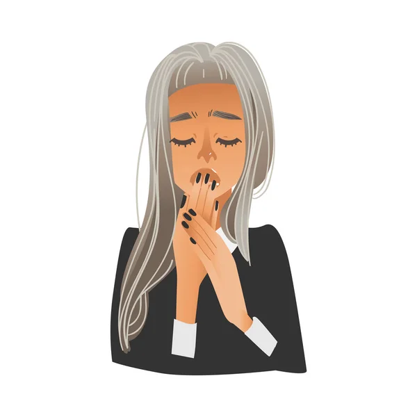 Young bored or tired woman yawning and covering her mouth with hand. — Stock Vector