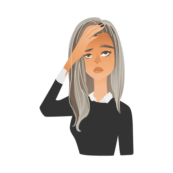 Illustrazione vettoriale di una donna ansiosa con espressione negativa frustrata o mal di testa . — Vettoriale Stock