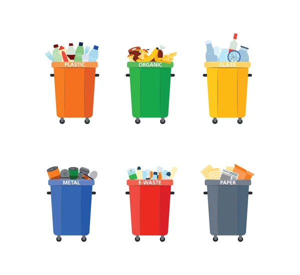 Poubelle vectorielle, recyclage et séparation des déchets — Image vectorielle