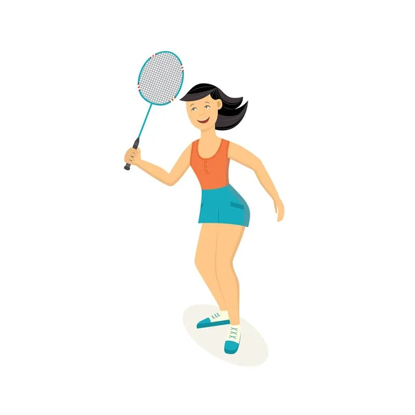 Vector deporte mujer jugando bádminton con raqueta — Vector de stock