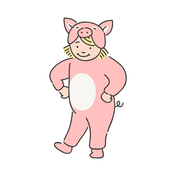 Menina criança em vestido extravagante de dança do porco rosa e se divertindo . — Vetor de Stock
