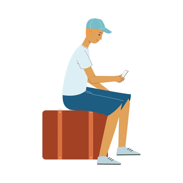 Vecteur homme plat touriste avec valise sac de voyage — Image vectorielle