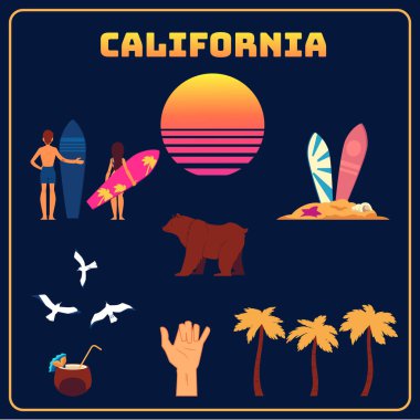 Vektör california sembolleri güneş sörfçü avuç içi ayarla.