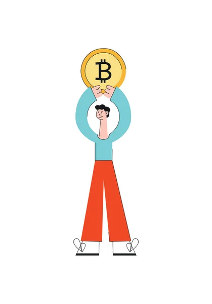 Vektor glücklicher Geschäftsmann hält große Bitcoin-Münze — Stockvektor