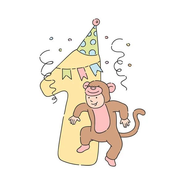 Vector Funny Kid Monkey Tjusiga Kostym Nära Holiday Antal Partiet — Stock vektor