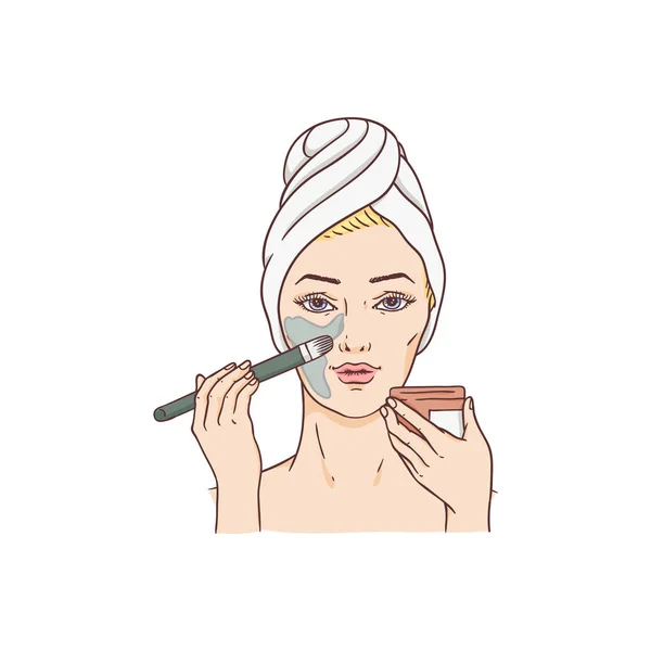 Mujer vectorial aplicando mascarilla facial, tratamiento facial — Archivo Imágenes Vectoriales