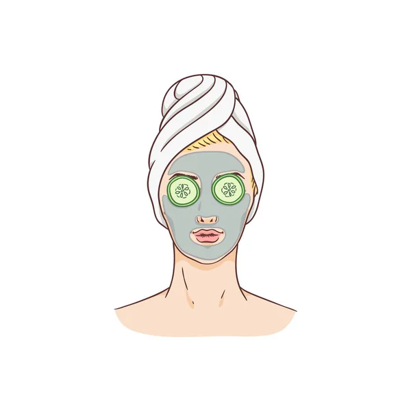 Femme vectorielle avec masque facial et concombres . — Image vectorielle