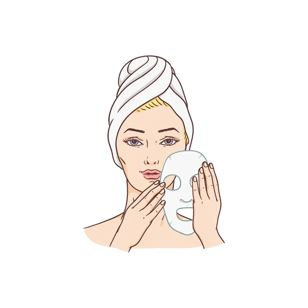 Mujer vectorial aplicando mascarilla facial, tratamiento facial — Vector de stock