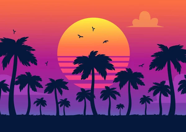 Vector purple sunset on palm icons backdrop — Stock Vector