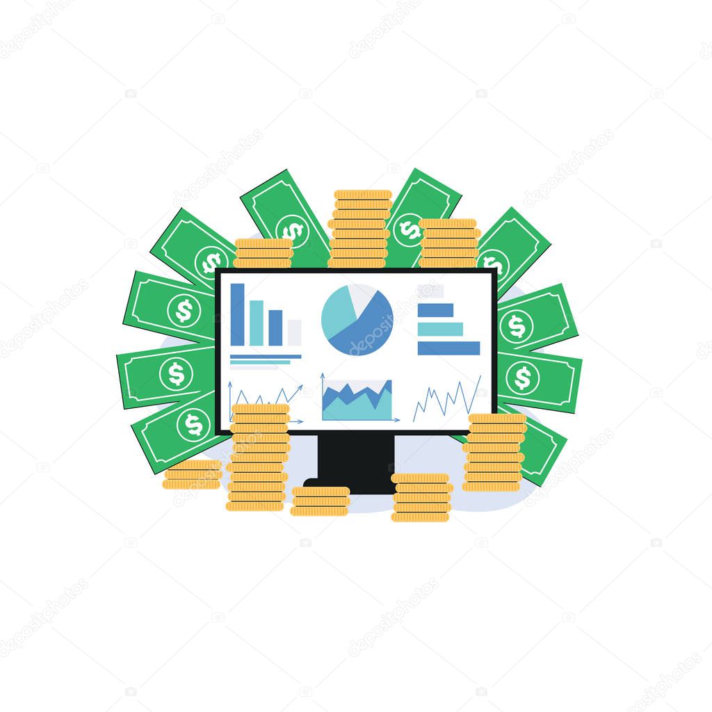 Vector investment, banking and business concept with green banknotes, golden coin stacks near monitor screen with growth charts, pies and graphs with performance. Market analysis and accounting symbol