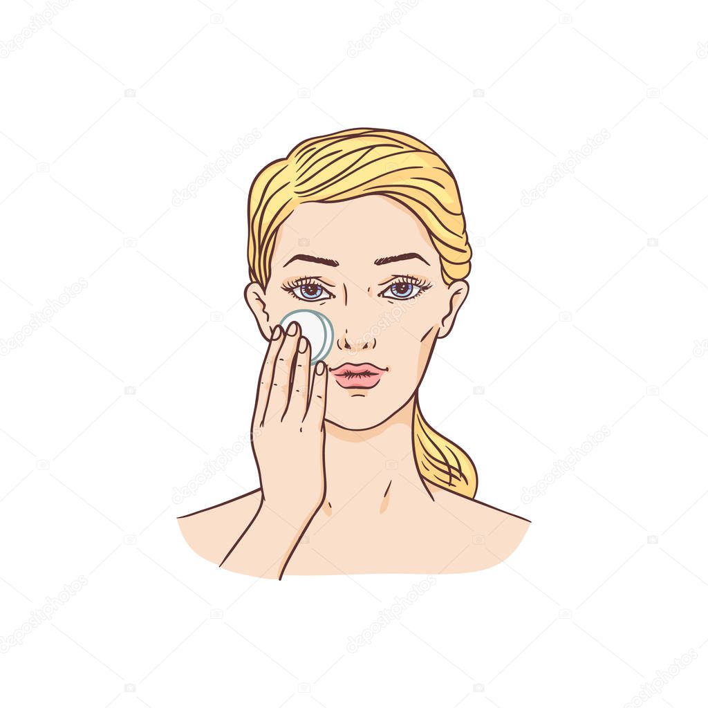 Vector young woman remove make-up from face
