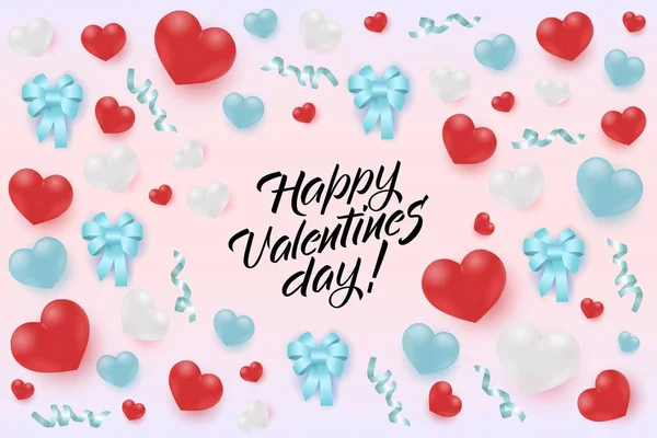 Fröhlicher Valentinstag Grußbanner mit Herzen, Bändern und Schleifen. — Stockvektor