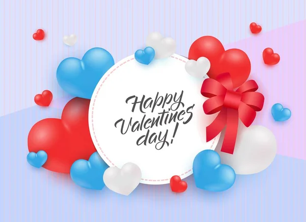 Happy Valentine Day congratulation with sign in white round shape surrounded by hearts and bow. — Stock Vector
