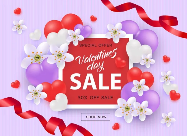 Venta de San Valentín y banner de oferta especial con corazones, flores y cintas . — Archivo Imágenes Vectoriales