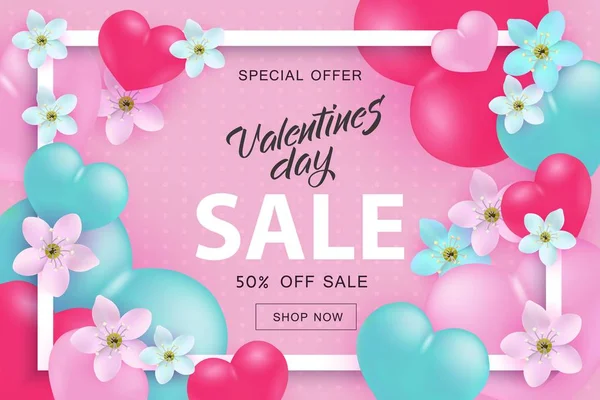 Venta de San Valentín y banner de oferta especial con signo en marco de corazones y flores . — Archivo Imágenes Vectoriales