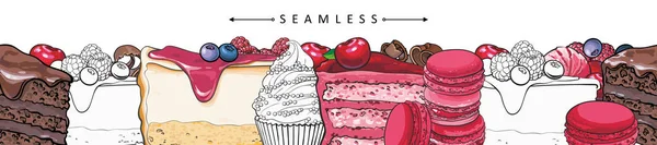 Cakes and pies horizontal seamless border pattern in sketch style.