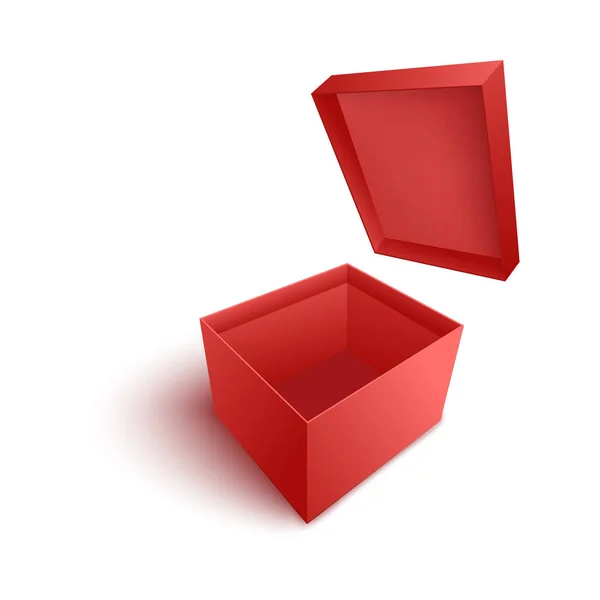 Vektor-Illustration einer offenen leeren roten Papierschachtel mit fliegendem Einband im realistischen 3D-Stil. — Stockvektor