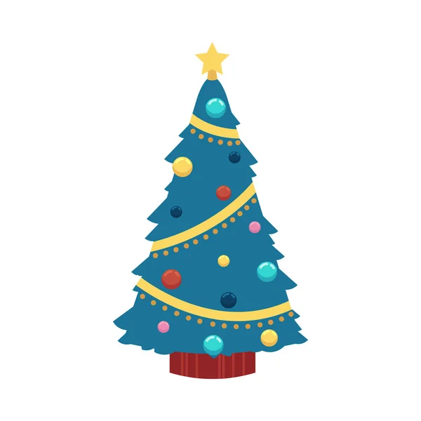 Vektorillustration des Weihnachtsbaums im flachen Stil - Fichte mit Kugeln und Lichtern und Stern darauf. — Stockvektor