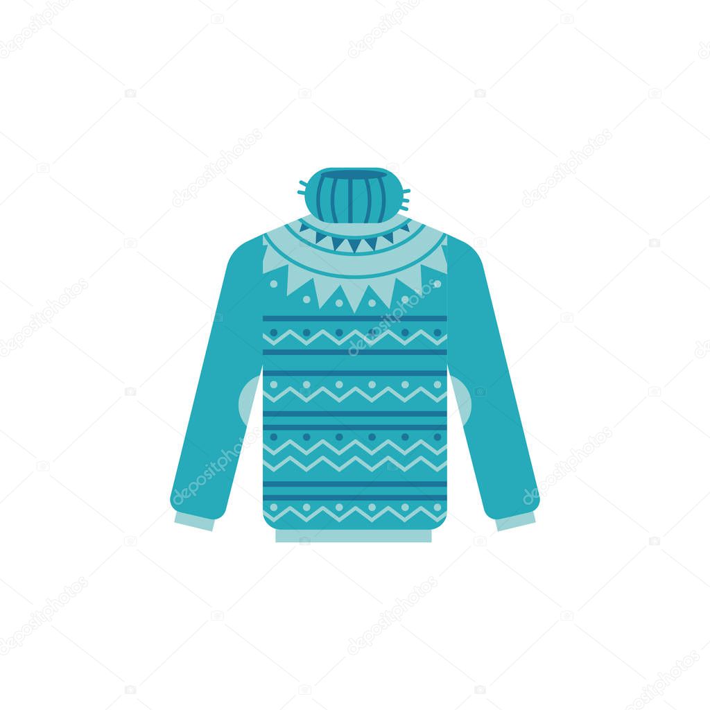 Vector illustration of knitted sweater with high neck isolated on white background.