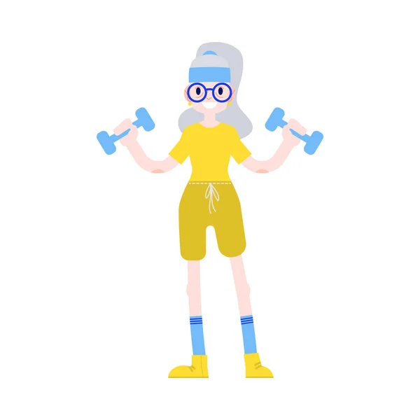 Ilustración vectorial de una mujer anciana levantando las manos con mancuernas de estilo plano . — Vector de stock