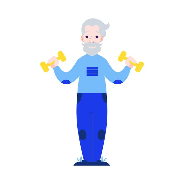Ilustración vectorial del anciano levantando las manos con mancuernas de estilo plano . — Vector de stock