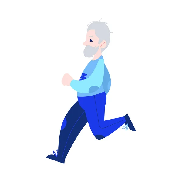 Ilustración vectorial de hombre de pelo gris envejecido en ropa deportiva trotando en estilo plano . — Vector de stock