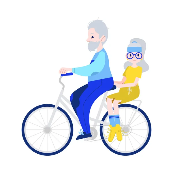 Vectorillustratie van grootvader, grootmoeder op fiets rijden in vlakke stijl. — Stockvector