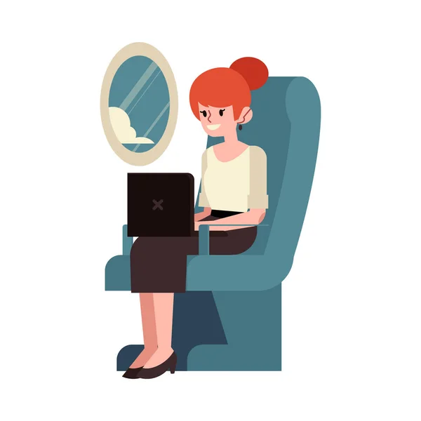 Illustration vectorielle d'un pigiste travaillant avec un ordinateur portable volant dans un avion assis dans un fauteuil près d'un hublot . — Image vectorielle