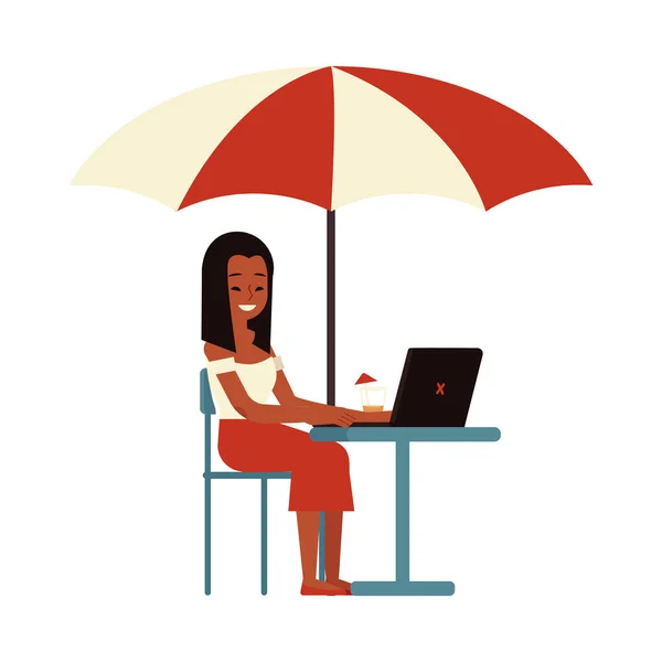 Ilustración vectorial de chica freelancer trabajando con laptop en cafetería de verano bajo paraguas . — Archivo Imágenes Vectoriales