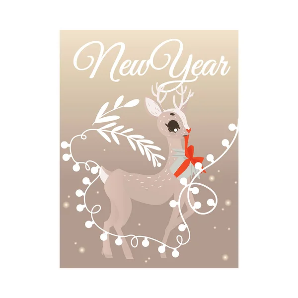 Εικονογράφηση διάνυσμα του νέου έτους κάρτα συγχαρητηρίων με τάρανδοι κρατώντας τυλιγμένο κουτί δώρου για την κόκκινη κορδέλα. — Διανυσματικό Αρχείο