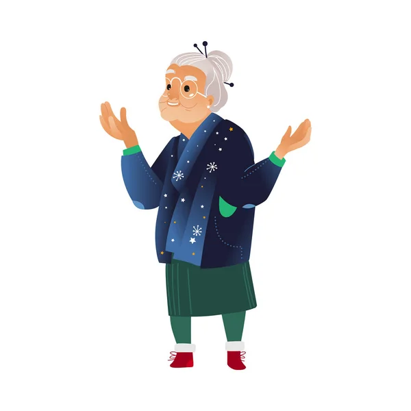 Ilustración vectorial de la abuela en invierno ropa festiva esperando o sorprendiendo . — Vector de stock