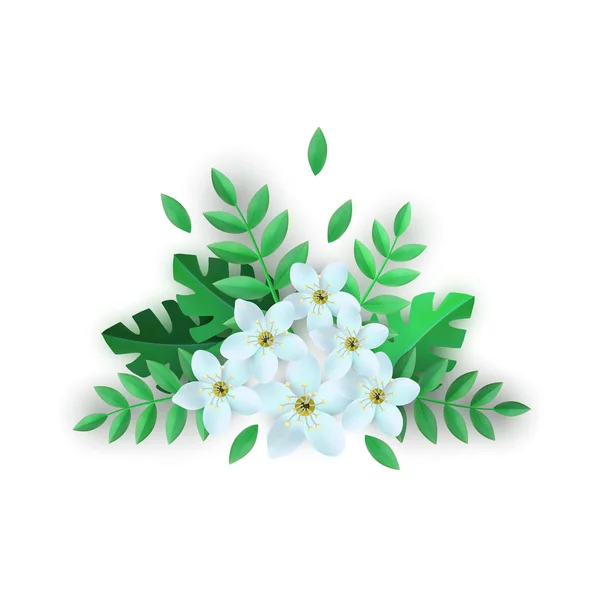 Vector voorjaar witte bloemen met blaadjes patroon — Stockvector