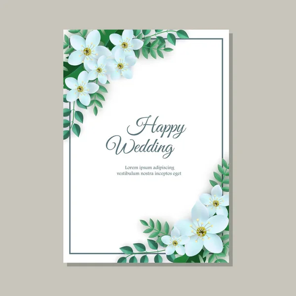 Ilustración vectorial de la tarjeta de felicitación de boda tierna con marco de flores ligeras y hojas verdes . — Vector de stock