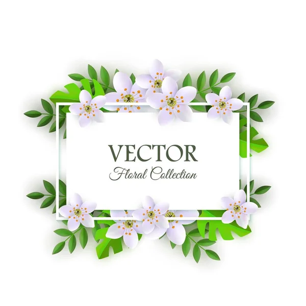 Vector illustration of floral composition with flowers and leaves around rectangle card. — Stock Vector