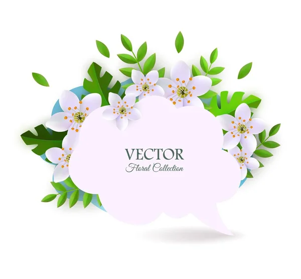 Vector spring white flowers with leaves poster — Stock Vector