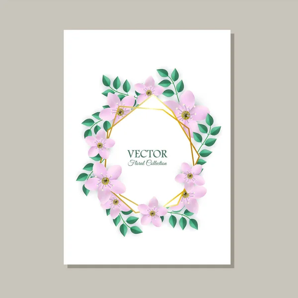 Floral vector illustration of tender romantic card with frame of pink flowers and green leaves. — Stock Vector