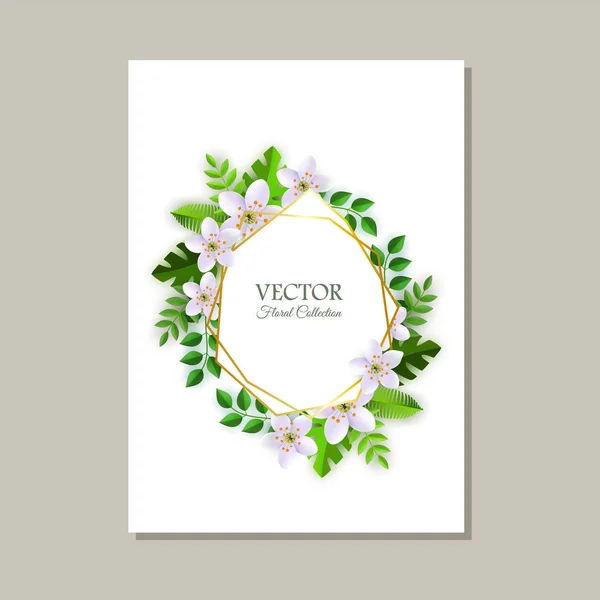 ロマンチックなカードの入札の淡い桃色の花と緑の葉のフレームと花のベクトル図. — ストックベクタ