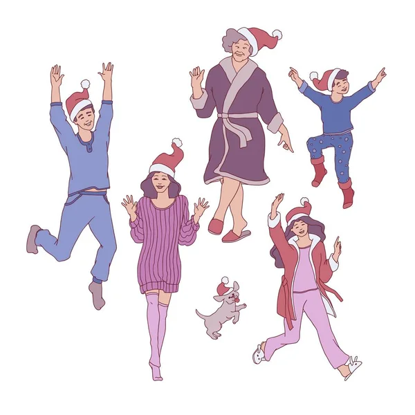 Vettoriale piatto abbozzo famiglia personaggi Santa cappello — Vettoriale Stock