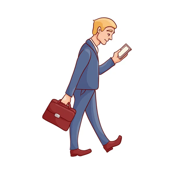 Vector illustration of businessman in blue suit with briefcase and mobile phone. — Stock Vector